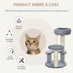 PawHut Arbre à chats 2 griffoirs grattoirs sisal naturel 3 plateformes corde à grimper dim. Ø 40 x 65H cm peluche haute densité 500 g/m² gris
