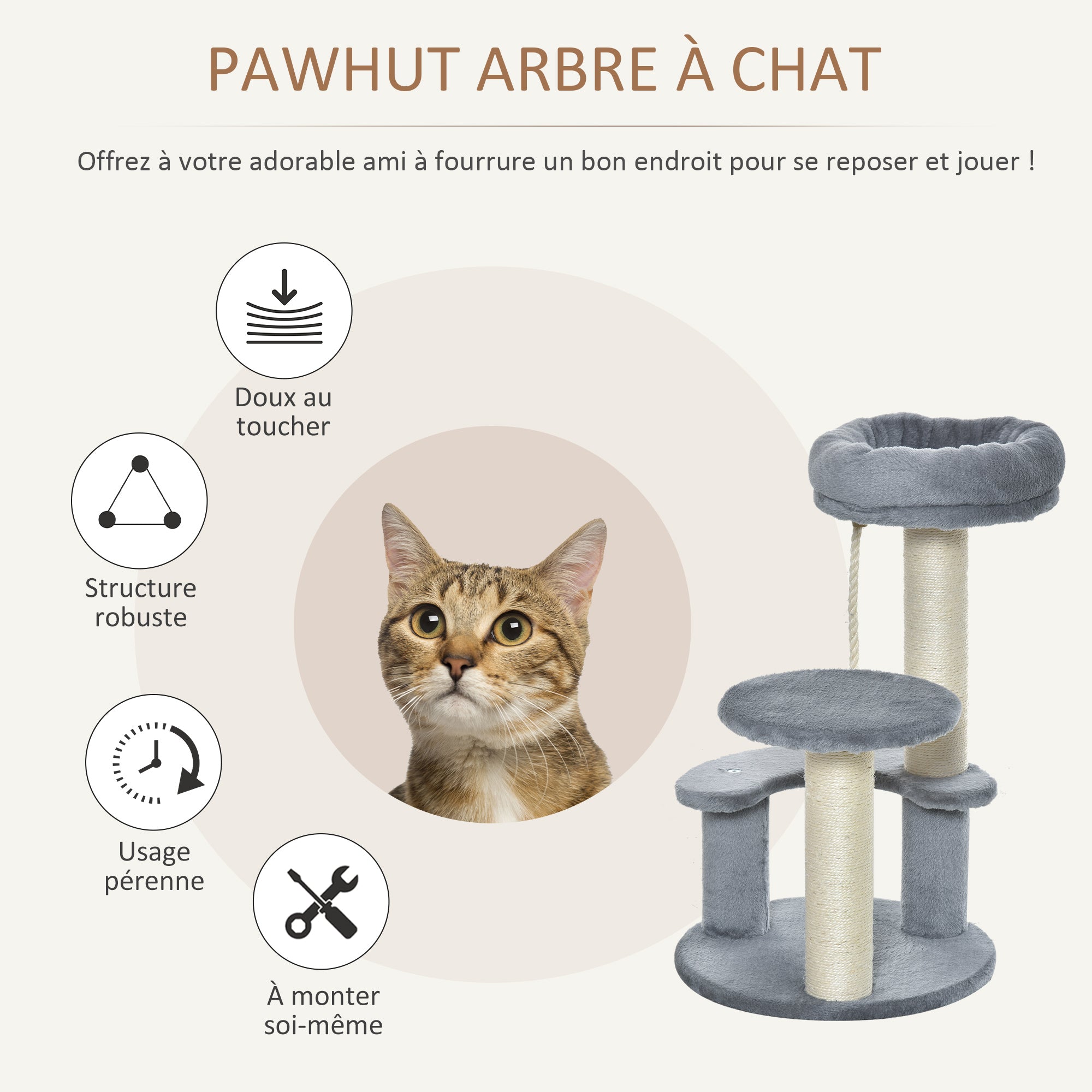 PawHut Arbre à chats 2 griffoirs grattoirs sisal naturel 3 plateformes corde à grimper dim. Ø 40 x 65H cm peluche haute densité 500 g/m² gris
