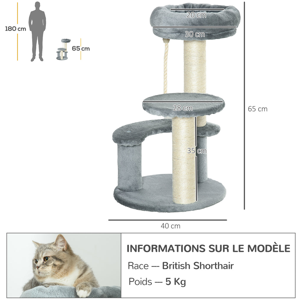 PawHut Arbre à chats 2 griffoirs grattoirs sisal naturel 3 plateformes corde à grimper dim. Ø 40 x 65H cm peluche haute densité 500 g/m² gris